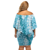 Blue Puakenikeni and Maile Lei Off Shoulder Short Dress Hawaiian Style Tribal Tapa Double Strand Lei
