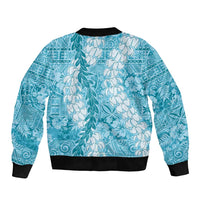 Blue Puakenikeni and Maile Lei Sleeve Zip Bomber Jacket Hawaiian Style Tribal Tapa Double Strand Lei