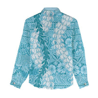 Blue Puakenikeni and Maile Lei Women Casual Shirt Hawaiian Style Tribal Tapa Double Strand Lei