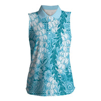 Blue Puakenikeni and Maile Lei Women Sleeveless Polo Shirt Hawaiian Style Tribal Tapa Double Strand Lei