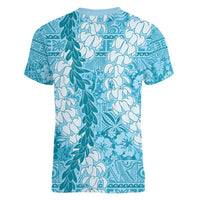 Blue Puakenikeni and Maile Lei Women V-Neck T-Shirt Hawaiian Style Tribal Tapa Double Strand Lei
