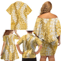 Gold Puakenikeni and Maile Lei Family Matching Off Shoulder Short Dress and Hawaiian Shirt Hawaiian Style Tribal Tapa Double Strand Lei