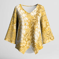 Gold Puakenikeni and Maile Lei Kimono Sleeve Blouse Hawaiian Style Tribal Tapa Double Strand Lei - Polynesian Pride