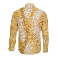 Gold Puakenikeni and Maile Lei Long Sleeve Button Shirt Hawaiian Style Tribal Tapa Double Strand Lei LT9 - Polynesian Pride