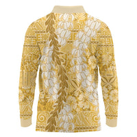Gold Puakenikeni and Maile Lei Long Sleeve Polo Shirt Hawaiian Style Tribal Tapa Double Strand Lei