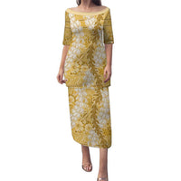 Gold Puakenikeni and Maile Lei Puletasi Hawaiian Style Tribal Tapa Double Strand Lei LT9 Long Dress Gold - Polynesian Pride