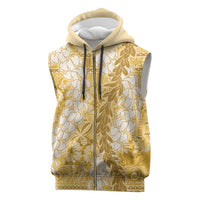 Gold Puakenikeni and Maile Lei Sleeveless Zip Hoodie Hawaiian Style Tribal Tapa Double Strand Lei LT9 Gold - Polynesian Pride