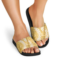 Gold Puakenikeni and Maile Lei Slide Sandals Hawaiian Style Tribal Tapa Double Strand Lei - Polynesian Pride
