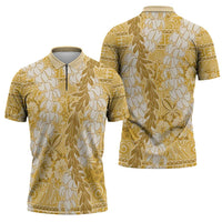 Gold Puakenikeni and Maile Lei Zipper Polo Shirt Hawaiian Style Tribal Tapa Double Strand Lei - Polynesian Pride