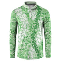 Green Puakenikeni and Maile Lei Button Sweatshirt Hawaiian Style Tribal Tapa Double Strand Lei LT9 Green - Polynesian Pride
