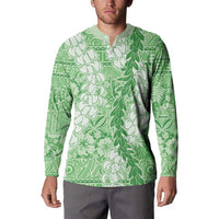 Green Puakenikeni and Maile Lei Button Sweatshirt Hawaiian Style Tribal Tapa Double Strand Lei LT9 - Polynesian Pride