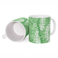 Green Puakenikeni and Maile Lei Ceramic Mug Hawaiian Style Tribal Tapa Double Strand Lei - Polynesian Pride