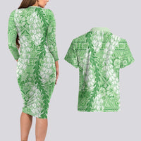 Green Puakenikeni and Maile Lei Couples Matching Long Sleeve Bodycon Dress and Hawaiian Shirt Hawaiian Style Tribal Tapa Double Strand Lei LT9 - Polynesian Pride