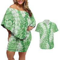 Green Puakenikeni and Maile Lei Couples Matching Off Shoulder Short Dress and Hawaiian Shirt Hawaiian Style Tribal Tapa Double Strand Lei LT9 Green - Polynesian Pride