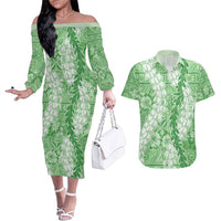 Green Puakenikeni and Maile Lei Couples Matching Off The Shoulder Long Sleeve Dress and Hawaiian Shirt Hawaiian Style Tribal Tapa Double Strand Lei