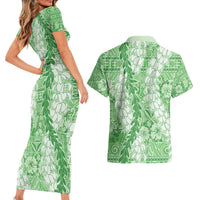 Green Puakenikeni and Maile Lei Couples Matching Short Sleeve Bodycon Dress and Hawaiian Shirt Hawaiian Style Tribal Tapa Double Strand Lei LT9 - Polynesian Pride