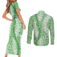 Green Puakenikeni and Maile Lei Couples Matching Short Sleeve Bodycon Dress and Long Sleeve Button Shirt Hawaiian Style Tribal Tapa Double Strand Lei LT9 - Polynesian Pride