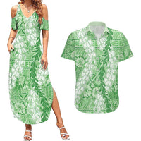 Green Puakenikeni and Maile Lei Couples Matching Summer Maxi Dress and Hawaiian Shirt Hawaiian Style Tribal Tapa Double Strand Lei LT9 Green - Polynesian Pride
