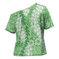 Green Puakenikeni and Maile Lei Cross Shoulder Shirt Hawaiian Style Tribal Tapa Double Strand Lei - Polynesian Pride