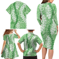 Green Puakenikeni and Maile Lei Family Matching Long Sleeve Bodycon Dress and Hawaiian Shirt Hawaiian Style Tribal Tapa Double Strand Lei LT9 - Polynesian Pride