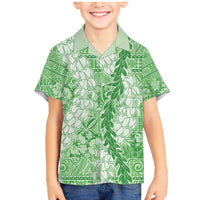 Green Puakenikeni and Maile Lei Family Matching Mermaid Dress and Hawaiian Shirt Hawaiian Style Tribal Tapa Double Strand Lei LT9 Son's Shirt Green - Polynesian Pride