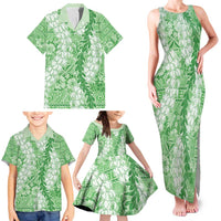 Green Puakenikeni and Maile Lei Family Matching Tank Maxi Dress and Hawaiian Shirt Hawaiian Style Tribal Tapa Double Strand Lei LT9 - Polynesian Pride