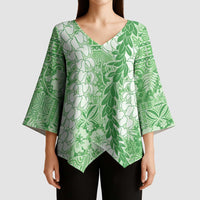 Green Puakenikeni and Maile Lei Kimono Sleeve Blouse Hawaiian Style Tribal Tapa Double Strand Lei - Polynesian Pride