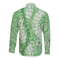 Green Puakenikeni and Maile Lei Long Sleeve Button Shirt Hawaiian Style Tribal Tapa Double Strand Lei LT9 - Polynesian Pride