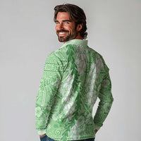 Green Puakenikeni and Maile Lei Long Sleeve Polo Shirt Hawaiian Style Tribal Tapa Double Strand Lei