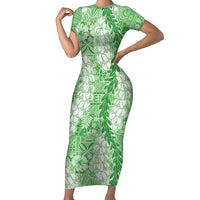 Green Puakenikeni and Maile Lei Short Sleeve Bodycon Dress Hawaiian Style Tribal Tapa Double Strand Lei LT9 Long Dress Green - Polynesian Pride