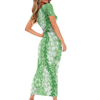 Green Puakenikeni and Maile Lei Short Sleeve Bodycon Dress Hawaiian Style Tribal Tapa Double Strand Lei LT9 - Polynesian Pride