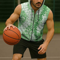 Green Puakenikeni and Maile Lei Sleeveless Zip Hoodie Hawaiian Style Tribal Tapa Double Strand Lei - Polynesian Pride