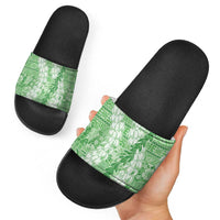 Green Puakenikeni and Maile Lei Slide Sandals Hawaiian Style Tribal Tapa Double Strand Lei - Polynesian Pride