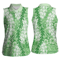 Green Puakenikeni and Maile Lei Women Sleeveless Polo Shirt Hawaiian Style Tribal Tapa Double Strand Lei