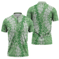 Green Puakenikeni and Maile Lei Zipper Polo Shirt Hawaiian Style Tribal Tapa Double Strand Lei - Polynesian Pride
