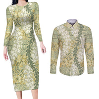Vintage Puakenikeni and Maile Lei Couples Matching Long Sleeve Bodycon Dress and Long Sleeve Button Shirt Hawaiian Style Tribal Tapa Double Strand Lei
