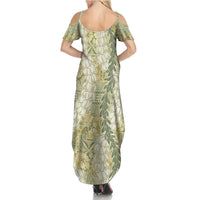 Vintage Puakenikeni and Maile Lei Summer Maxi Dress Hawaiian Style Tribal Tapa Double Strand Lei