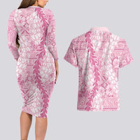 Pink Puakenikeni and Maile Lei Couples Matching Long Sleeve Bodycon Dress and Hawaiian Shirt Hawaiian Style Tribal Tapa Double Strand Lei
