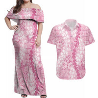 Pink Puakenikeni and Maile Lei Couples Matching Off Shoulder Maxi Dress and Hawaiian Shirt Hawaiian Style Tribal Tapa Double Strand Lei