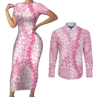 Pink Puakenikeni and Maile Lei Couples Matching Short Sleeve Bodycon Dress and Long Sleeve Button Shirt Hawaiian Style Tribal Tapa Double Strand Lei