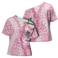 Pink Puakenikeni and Maile Lei Cross Shoulder Shirt Hawaiian Style Tribal Tapa Double Strand Lei - Polynesian Pride