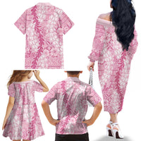 Pink Puakenikeni and Maile Lei Family Matching Off The Shoulder Long Sleeve Dress and Hawaiian Shirt Hawaiian Style Tribal Tapa Double Strand Lei