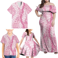Pink Puakenikeni and Maile Lei Family Matching Off Shoulder Maxi Dress and Hawaiian Shirt Hawaiian Style Tribal Tapa Double Strand Lei