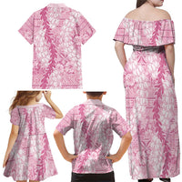 Pink Puakenikeni and Maile Lei Family Matching Off Shoulder Maxi Dress and Hawaiian Shirt Hawaiian Style Tribal Tapa Double Strand Lei