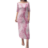 Pink Puakenikeni and Maile Lei Family Matching Puletasi and Hawaiian Shirt Hawaiian Style Tribal Tapa Double Strand Lei