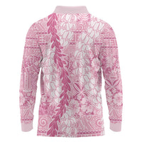 Pink Puakenikeni and Maile Lei Long Sleeve Polo Shirt Hawaiian Style Tribal Tapa Double Strand Lei