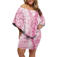 Pink Puakenikeni and Maile Lei Off Shoulder Short Dress Hawaiian Style Tribal Tapa Double Strand Lei