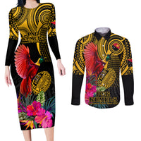 Personalised Papua New Guinea Rugby Couples Matching Long Sleeve Bodycon Dress and Long Sleeve Button Shirt PNG Kumuls Champions Pacific Bowl LT9 Gold - Polynesian Pride