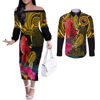 Personalised Papua New Guinea Rugby Couples Matching Off The Shoulder Long Sleeve Dress and Long Sleeve Button Shirt PNG Kumuls Champions Pacific Bowl LT9 Gold - Polynesian Pride
