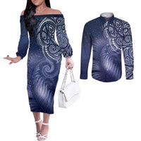 New Zealand Galaxy Fern Couples Matching Off The Shoulder Long Sleeve Dress and Long Sleeve Button Shirt